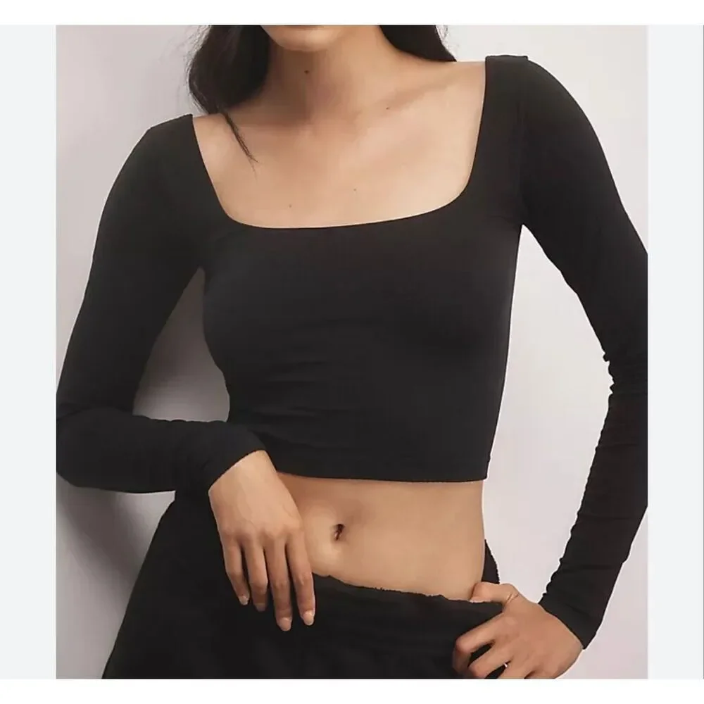 Anthropologie The Reegan Seamless Ribbed Cropped Long-Sleeve Top black size S/M